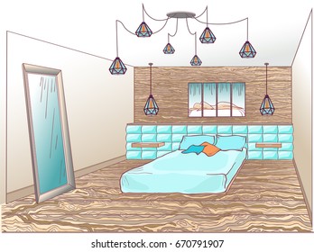 Interior bedroom loft - bed soft quilted, wooden wall and floor, lamp spider,  mirror, a modern painting -silhouette  nude on a headboard, blue and brown color