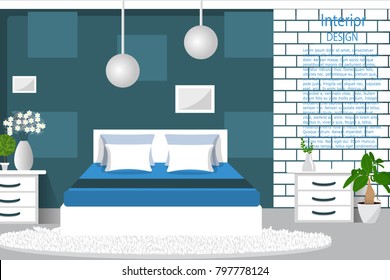 The interior of the bedroom. Modern bedroom interior with furniture. Flat style vector illustration. Cartoon