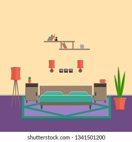 Interior bedroom in modern style. A complete set of furniture and decorations for the bedroom. Vector flat illustration.