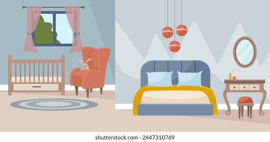 Interior of bedroom and nursery. Cozy bedroom with a cot.
Vector cartoon illustration of a bright room with a double bed, a crib, an armchair, a carpet, a dressing table with a mirror, a window.