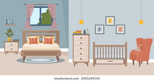 Interior de dormitorio y guardería. Acogedora habitación con una cuna. Ilustración de dibujos animados de Vector de una habitación luminosa con una cama doble, cuna, sillón, alfombra, ventana.