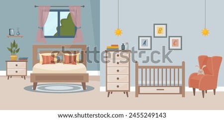 Interior of bedroom and nursery. Cozy bedroom with a cot. Vector cartoon illustration of a bright room with a double bed, crib, armchair, carpet, window.