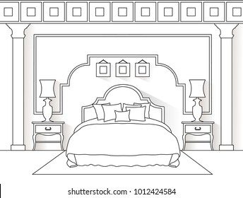 The interior of the bedroom in the outline style. Room with furniture. Linear illustration.