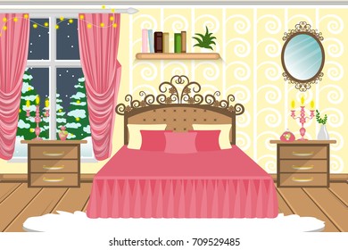 The interior of the bedroom. A room with a beautiful bed and other furniture. Cozy house , winter evening. Christmas. Cartoon. Vector.