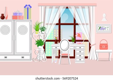 The interior of the bedroom. The room is furnished - wardrobe, table, chair, flowers, window. Flat style. Vector illustration.
