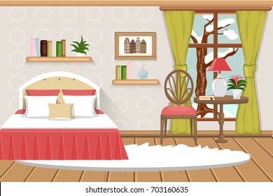 The Interior Of The Bedroom. Room With Furniture, Winter Landscape Outside The Window. Cartoon. Vector.?