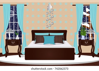 The interior of the bedroom. Room with furniture, winter landscape. Cartoon. Vector.