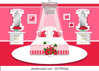 The interior of the bedroom. Room for girls. Furniture in white and pink. Vector illustration. Cartoon.