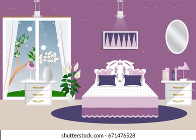 The interior of the bedroom. Room in a lavender color. Bed, window, bedside tables and decor. Cartoon. Vector illustration.