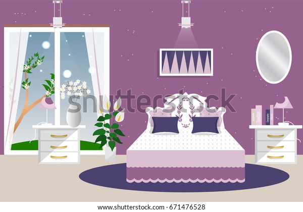 Interior Bedroom Room Lavender Color Bed Stock Vector