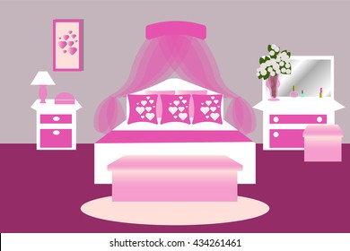 The interior of the bedroom. Room in pink. Bedroom furniture vector illustration