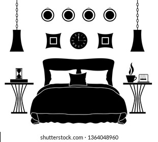 The interior of the bedroom. Room with silhouettes of furniture. Black and white stencil. Vector.