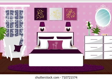 The interior of the bedroom. Room with white furniture and plants. Cartoon. Vector.