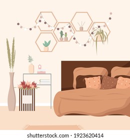 The interior of the bedroom is in the Scandinavian style, boho in beige, pastel colors. Vector illustration of a bedroom with a bed with pillows, hexagon shelves, plants.