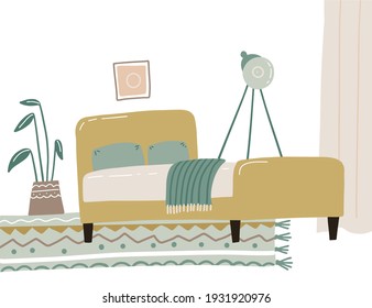 The interior of the bedroom is in the Scandinavian style, boho in yellow and green pastel colors. Side view concept. Vector flat illustration of a bedroom pillows, floor lamp, carpet, plants