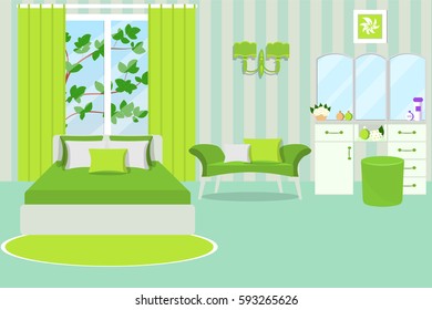 The interior of a bedroom and a summer landscape outside the window. Room in a bright green and mint color. Cartoon. Vector illustration. 