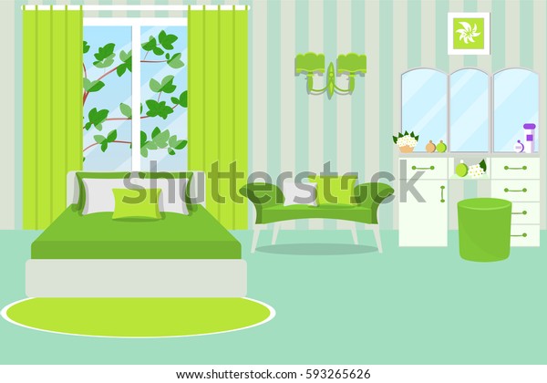 Interior Bedroom Summer Landscape Outside Window Buildings
