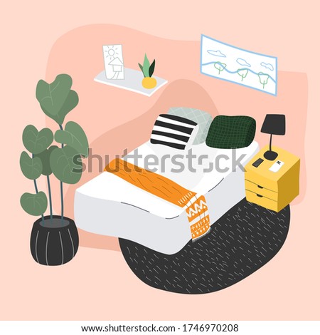 Interior of the bedroom. Vector banner. Hand drawing style bedroom. Cozy interior with home plants. Cartoon vector