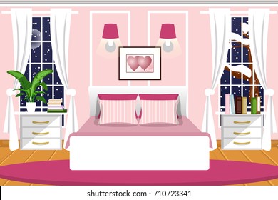 The interior of the bedroom. Vector. Cartoon. Night landscape outside the window.