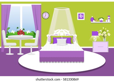 The interior of the bedroom. Vector illustration. Furniture for the room. Flat style. Cartoon.  