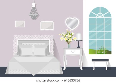 The interior of the bedroom. Vector illustration. Room with furniture.