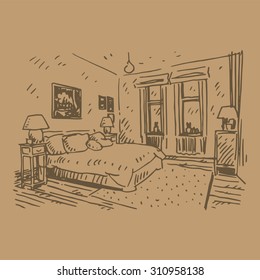 Interior of bedroom. Vector sketch 