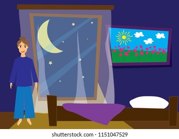 Interior of a bedroom. young woman in pajamas at bedtime. Flat style illustration. EPS 10.