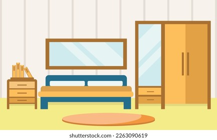 interior of the bedroom.spacious room with old wooden furniture.wardrobe, mirror, bookshelves, double bed, desk, bedside table. old, retro, comfortable furniture.isolated simple flat objects.