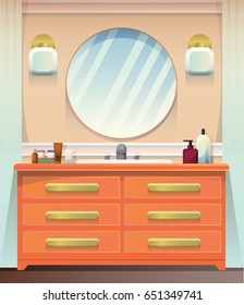 Interior of beige bathroom with mirror and orange chest with cosmetics tubes on it