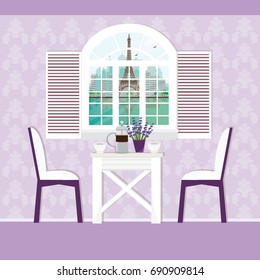 Interior with the big window and city view, vase and coffee set in provence style. Flat style vector illustration.