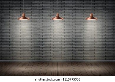 Interior of black brick wall with vintage pendant brass lamps and wooden floor. Vintage Rural room and fashion interior. Background of loft and trendy showroom or cafe. Vector.