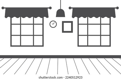 Interior black line background. Room wall with two windows isolated on white background