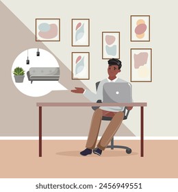 Interior black male designer, immersed in creativity, envisions interior design concepts