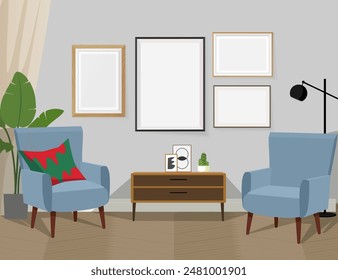 Interior with blue armchairs, photo frames on a wall and tables. Classic interior with mock-ups of paintings. Vector illustration.
