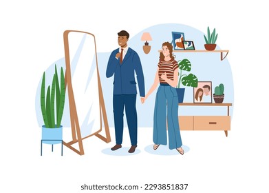 Interior blue concept with people scene in the flat cartoon style. Young couple look at themselves in the mirror before going out. Vector illustration. svg