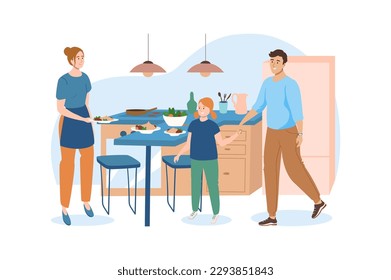Interior blue concept with people scene in the flat cartoon design. Mother meets her family from a walk and wants to feed them a delicious lunch. Vector illustration.