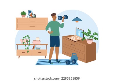 El concepto de azul interior con la escena de la gente en el estilo de dibujo plano. El chico hace ejercicios físicos con panecillos en su habitación. Ilustración vectorial.