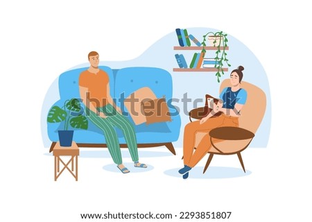 Interior blue concept with people scene in the flat cartoon style. Young couple is relaxing in a cozy in a living room. Vector illustration.
