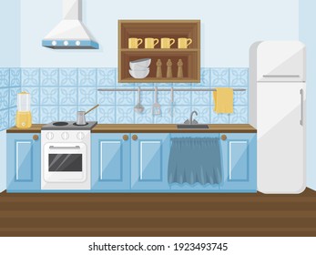 The interior of blue kitchen in retro style. Cartoon. Vector illustration.