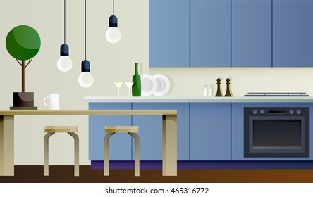 Interior of blue kitchen with table and lamps