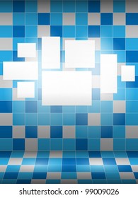 Interior blue marble tiled wall with empty frames. Vector illustration.