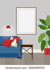 Interior with blue sofa, frame on a wall and plant. Classic interior with mock-ups of paintings. Vector illustration.