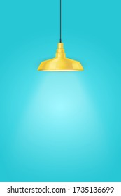 Interior of Blue wall with one yellow vintage pedant lamp. Duotone color trend interior. Kitchen illumination. Vector Illustration