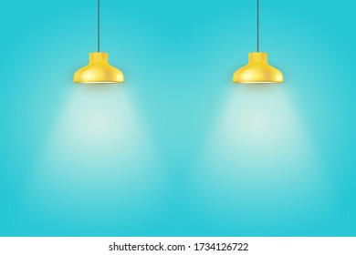 Interior of Blue wall with yellow vintage pedant lamps. Duotone color fashion interior. Vector Illustration