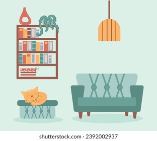 Interior of a book cabinet, with a lamp, sofa and bookshelf, a cat sleeping on a pouf. Vector illustration.