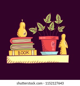 Interior book shelf with plant and decor vector icon