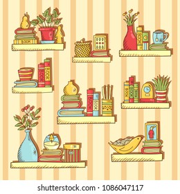 Interior book shelves colorful doodle line icpons vector set