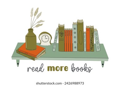 Interior bookshelf. Books at bookshelf, pampas plant, clock. Home library. Literature and education theme. Read more books. Hand drawn retro style vector illustration. Flat design.