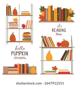 Interior bookshelve collection in warm bright colors. Library stack literature, study bookshelf. Vector illustration