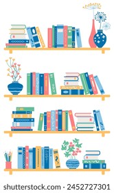 Interior bookshelves. Books at bookshelf, bookstore shelf, library bookcase  vector illustration set. 